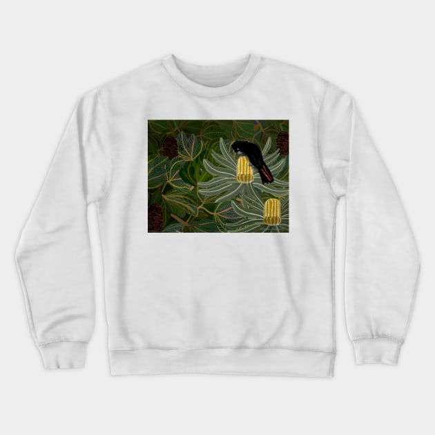 Red Tailed Black Cockatoo and Banksia Seed Pods Crewneck Sweatshirt by Donnahuntriss